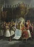 Bishop Germanos of Patras blessing the flag of the Greek revolutionaries at the Monastery of Agia Lavra, part of a popular legend regarding the start of the revolution of 1821, although it never actually happened