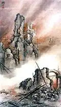 Gao Jianfu (1879–1951), Fire on the Eastern Battlefield, Chinese: 東戰場的烈焰, ink and color on Xuan paper, 1930s, 166 x 92 cm. Lingnan School of Painting in Guangzhou Museum of Art, China.