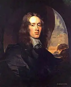 A painting of a man with a virile face and long dark hair; he is wearing a black robe-like outfit, and his demeanour conveys elegance and importance.