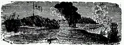 A black-and-white sketch of a boat on fire and a man floating in a river. A flag with the word "Liberty" is flying in the background.