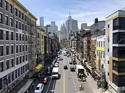 View west along East Broadway from the Manhattan Bridge in 2024