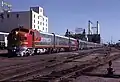 ATSF EMD F7 in 1968, displaying the "SANTA FE" in black Railroad Roman letters along each side
