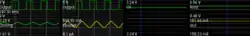 Waveform for astable mode (high control voltage). When control voltage is fixed higher (3.4V), output low duration remains fixed (Tdis = 5us = Ctiming Rdis ln(2)), but output high duration is increased (5us).