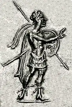 King Strato I in combat gear, making a blessing gesture with his right hand, circa 100 BC.