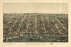 Elegant drawing of city from above Potomac River looking west over streets of Alexandria and several sailing boats in foreground