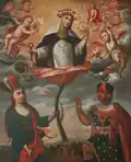St. Rose of Lima, wearing a Dominican habit and a crown of roses, and holding an anchor balancing the Cathedral of Lima, emerges from a rose into the clouds, where the Christ Child, surrounded by roses, appears.