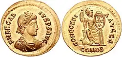 Obverse and reverse sides of a coin of Arcadius