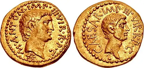 Ancient Roman coin depicting Antony on the obverse and Octavian on the reverse