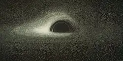 A black and white image of a black hole with an accretion disk on punch cards. The black hole is visible as a black semicircle in the center with a white ring overlaid. Around it, a bright white accretion disk wraps around the top and bottom of the black hole and to its sides, appearing brightest on the left side of the black hole.
