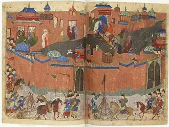 Manuscript painting of an army besieging a large walled city.