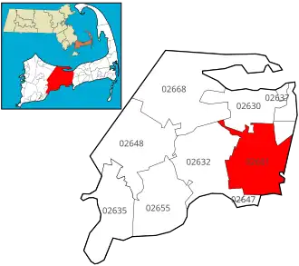 Location of ZIP Code 02601 Hyannis within the Town of Barnstable, county, and state