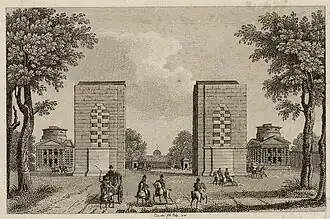 The unfinished Arc de Triomphe between the toll houses of the Barrière de l'Étoile, 1818