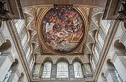 Great Hall ceiling, The Duke of Marlborough presenting the plan for the battle of Blenheim to Britannia, painted 1716 for £978 by Sir James Thornhill