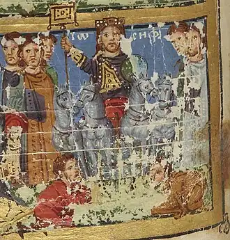 Genesis 41:42–43: "And Pharaoh … made him to ride in the second chariot which he had; and they cried before him, bow the knee: and he made him ruler over all the land of Egypt." Miniature from the Paris Gregory, a 9th-century Greek manuscript, Bibliothèque nationale de France