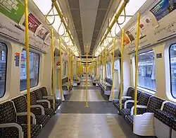 London Circle Line tube train aisle with open gangways