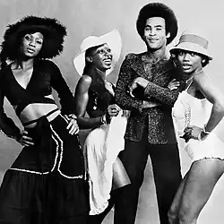 Boney M. in 1976. From L-R: Marcia Barrett, Maizie Williams, Bobby Farrell, Liz Mitchell