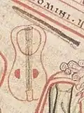 Early 13th century A.D., Aldersbach, Germany. Bowed lyre without fingerboard from, Bayerische Staatsbibliothek Munchen, BSB, CLM 2599, folio 96v.