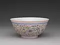 Famille rose bowl with lotus design on pink ground, Qing dynasty, Qianlong period (1736–1795). National Palace Museum, Taipei.