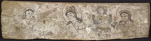 Painting on wooden panel discovered by Aurel Stein in Dandan Oilik, depicting the legend of the princess who hid silk-worm eggs in her headdress to smuggle them out of China to the Kingdom of Khotan in the Tarim Basin; 7th to 8th century; British Museum (London)