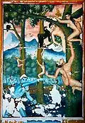 A mural from a temple in northern Thailand depicting naked beings climbing thorn-covered trees, pecked by birds from above, and attacked from below by hell guards armed with spears. There are icy mountains in the background, and Phra Malaya watches from above.