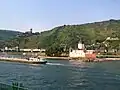 Burg Pfalzgrafenstein in the middle of the river, at Kaub, in the background Burg Gutenfels