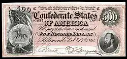 Portrait on the 1864 Confederate $500 banknote; Jackson was the only general featured on Confederate currency[107]