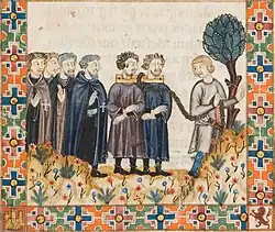 Miniature of the Cantiga #275 depicting two monks hospitaller with rabies being carried before St. Mary of Terena[156]