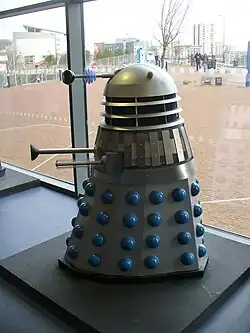 Mark 3 Dalek armour on display at the Cardiff Doctor Who Experience, demonstrating the basic Dalek design used throughout the original Doctor Who series