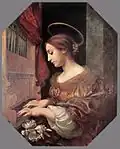 St. Cecilia, wearing a sumptuous, rust colored gown, a soft gold halo above her head, plays the organ, beneath which rests a sprig of lilies