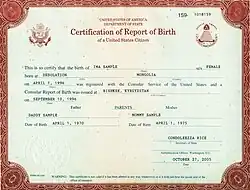 A State Department certification of report of birth, issued between 1990 and 2010