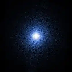 Black hole Cygnus X-1 as seen by the Chandra X-Ray Observatory, a bright spot over a black background.