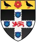 Arms of Cardinal Thomas Wolsey (d.1530), Archbishop of York: Sable, on a cross engrailed argent a lion passant gules between four leopard's faces azure; on a chief or a rose gules barbed vert seeded or between two Cornish choughs proper