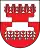 A coat of arms depicting five red leaves in a straight, horizontal row on a grey background at the top and five grey leaves on a red background at the bottom