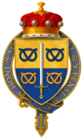Arms of Lord Peach Per fess Or and Azure the Sword of Mercy erect pommel in base Proper between four Stafford Knots all counterchanged.