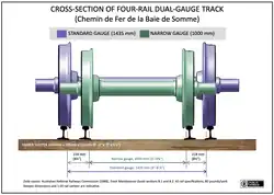 Cross-section of 4-rail dual-gauge track (standard, metre and narrow gauges)