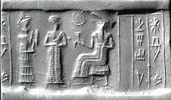 Cylinder seal and modern impression. Presentation scene, c. 2000–1750 BC. Isin-Larsa