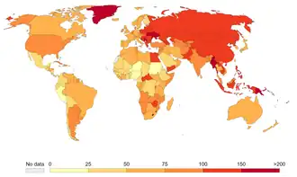 The number of deaths worldwide attributed to smoking per 100,000 people in 2017[50]