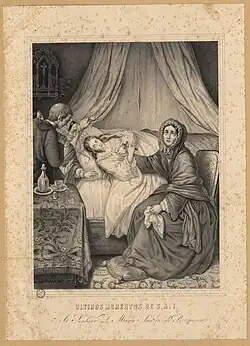 An engraving showing a woman lying in a draped bed and clutching a cross, with a woman dressed in mourning seated at the side of the bed, while a priest and two women wait next to a table on the left side of the picture
