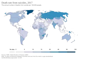 Death rate from suicide per 100,000 as of 2017[247]