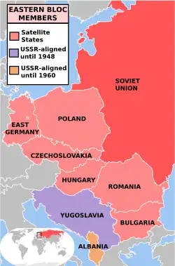 Map of the Eastern Bloc, with Poland, East Germany, Czechoslovakia, Hungary, Yugoslavia, Romania, Bulgaria, Albania, and the Soviet Union
