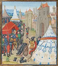 Edward III of England besieges Reims with cannons in the Reims Campaign of the Hundred Years' War. The cathedral is visible in the background.
