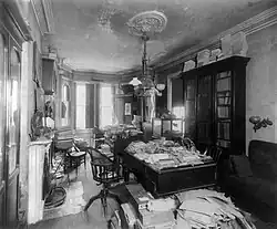 Bright sunlight coming in through windows in the background show a long narrow room with a Victorian fireplace at left, and light fittings (center) hanging from the ceiling. A desk and chair are at center, with the desk piled high with papers, books and specimen boxes. Another desk, partially seen in the foreground, is similarly cluttered, as is a third desk in the background. Two book cabinets, at right and left, are filled, and have more books piled on top of them to the ceiling. An empty sofa is at right.