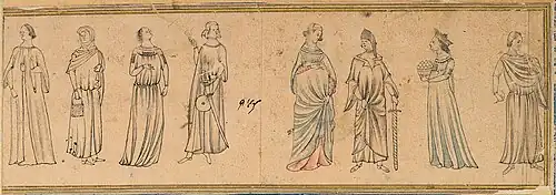 Eight Figures in European Attire, Jalayirid drawing in European style. Baghdad or Tabriz, c. 1370. Saray Album H.2153.[84]