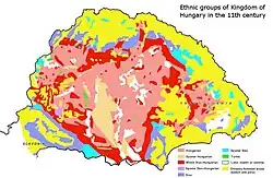 Kniezsa's (1938) view on the ethnic map of the Kingdom of Hungary in the 11th century, based on toponyms. Kniezsa's view has been criticized by many scholars, because of its non-compliance with later archaeological and onomastics research, but his map is still regularly cited in modern reliable sources. One of the most prominent critics of this map was Emil Petrovici.[132]