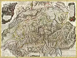 Nouvelle carte de la Suisse dans laquelle sont exactement distingues les treize cantons, leurs allies, et leurs sujets.