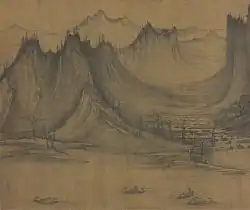 A square painting of several small, two person fishing vessels in a river, with mountains in the background.