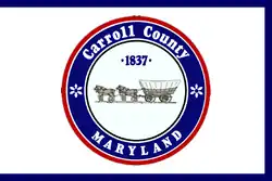 A white flag with a blue border on three sides and the county seal in the center