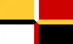 A flag with yellow, red, black, and white quadrants
