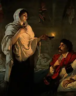 A painting by Henritta Rae called The Lady with the Lamp.