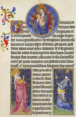 Page from a manuscript with depictions of the Virgin Mary, the Roman Sibyl, and Emperor Manuel II in imitation of Augustus